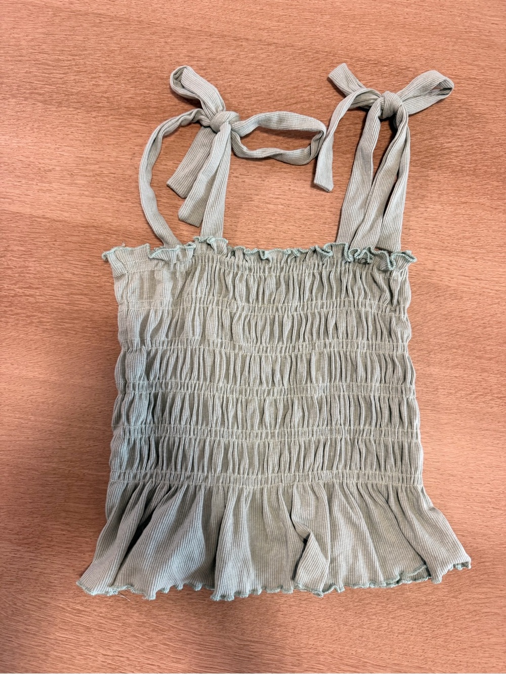 Altar’d State Smocked Tie-Shoulder Peplum Tank Top - Sage Green - Picture 2 of 3